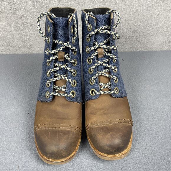 Sorel Wedge Boots Womens Size 8.5 Blue Brown Lexie Leather Canvas NL2265-269 - Picture 2 of 16